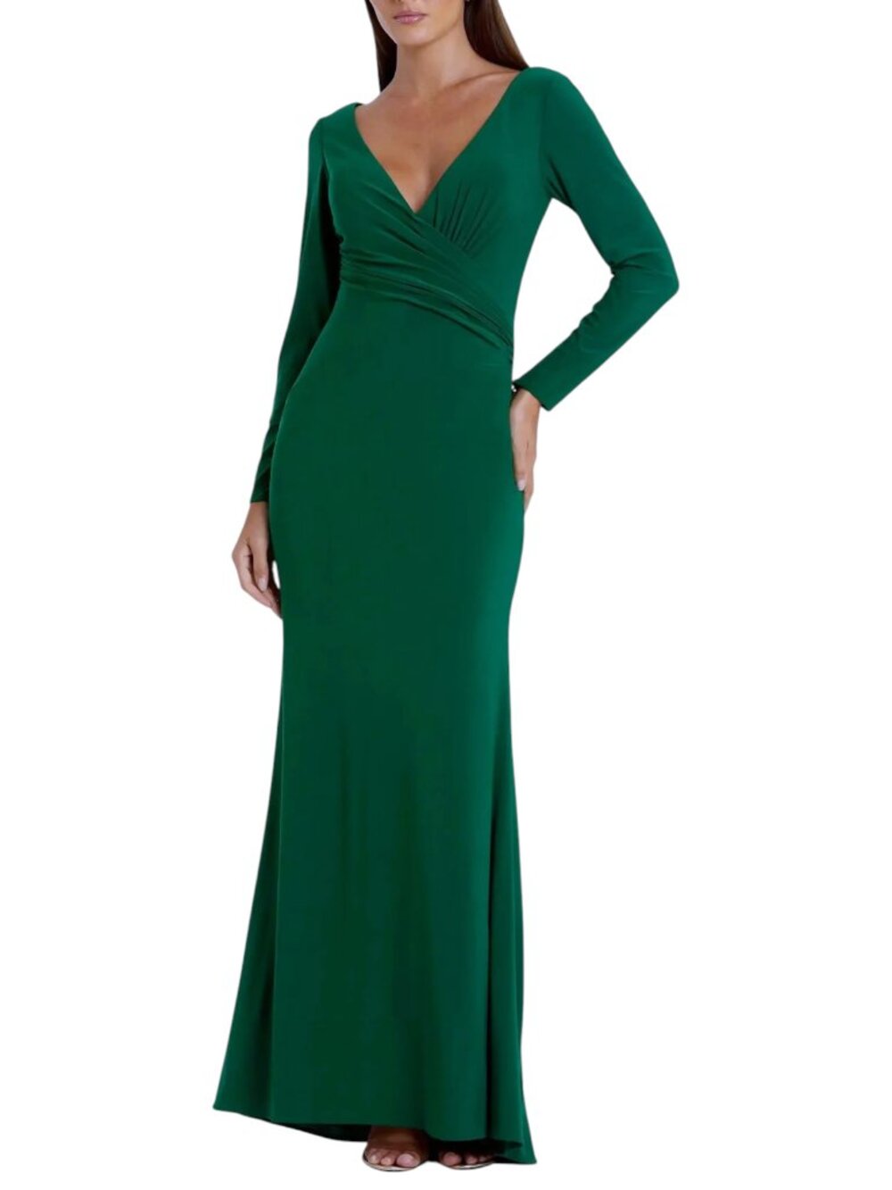 Mac Duggal Green Long Sleeve Maxi Dress Formal Ruched V-Neck Jersey 26573 Size 8